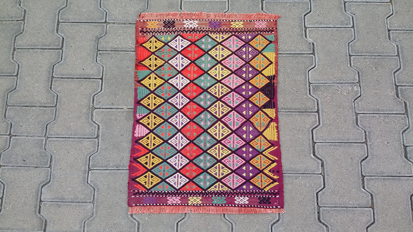 Small Colorful Boho Cicim Kilim Rug