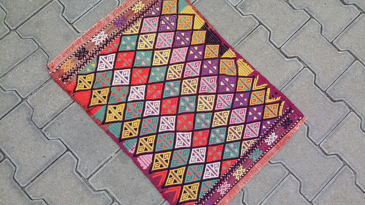 Small Colorful Boho Cicim Kilim Rug