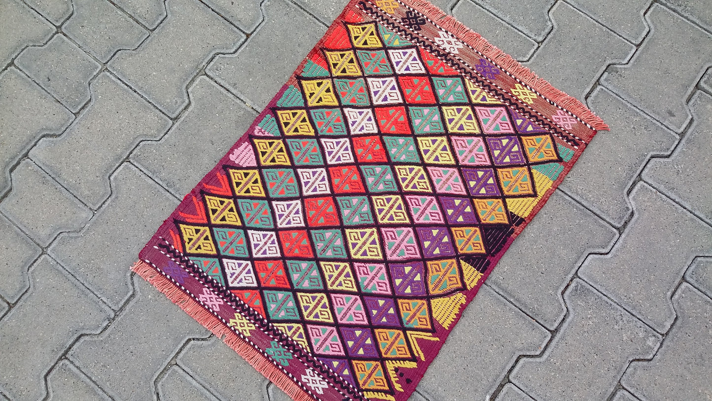 Small Colorful Boho Cicim Kilim Rug