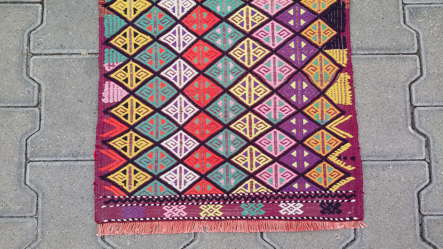 Small Colorful Boho Cicim Kilim Rug