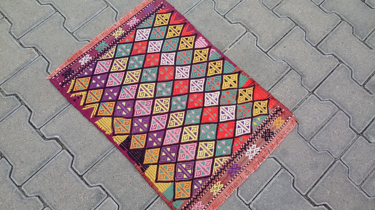 Small Colorful Boho Cicim Kilim Rug