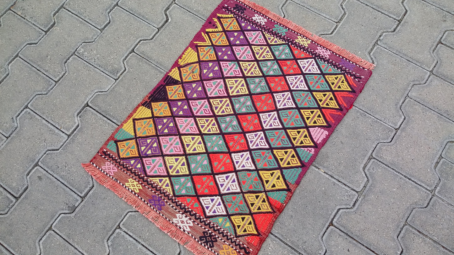 Small Colorful Boho Cicim Kilim Rug