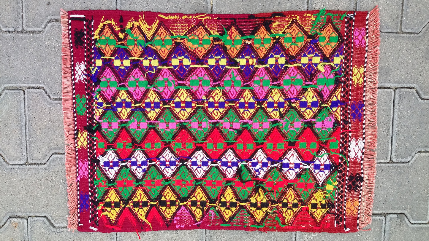 Small Colorful Boho Cicim Kilim Rug