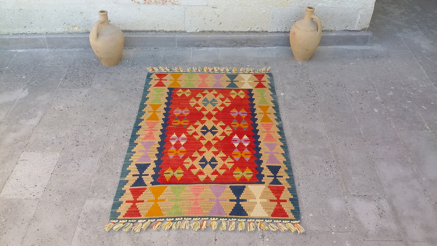 Red Color Handmade Turkish Kayseri Gomurgen Kilim