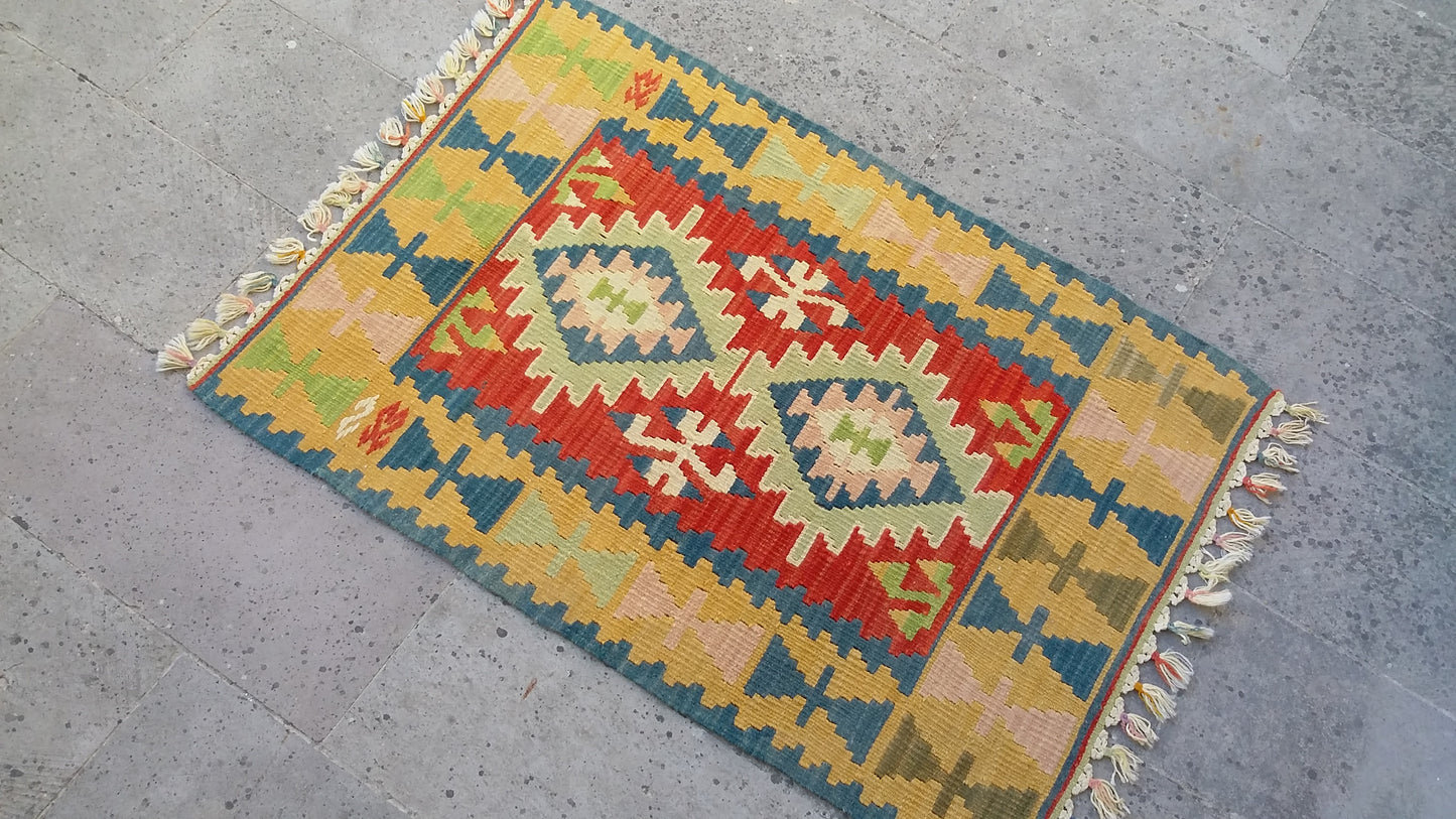 Small Turkish Kilim Rug Doormat Bathmat