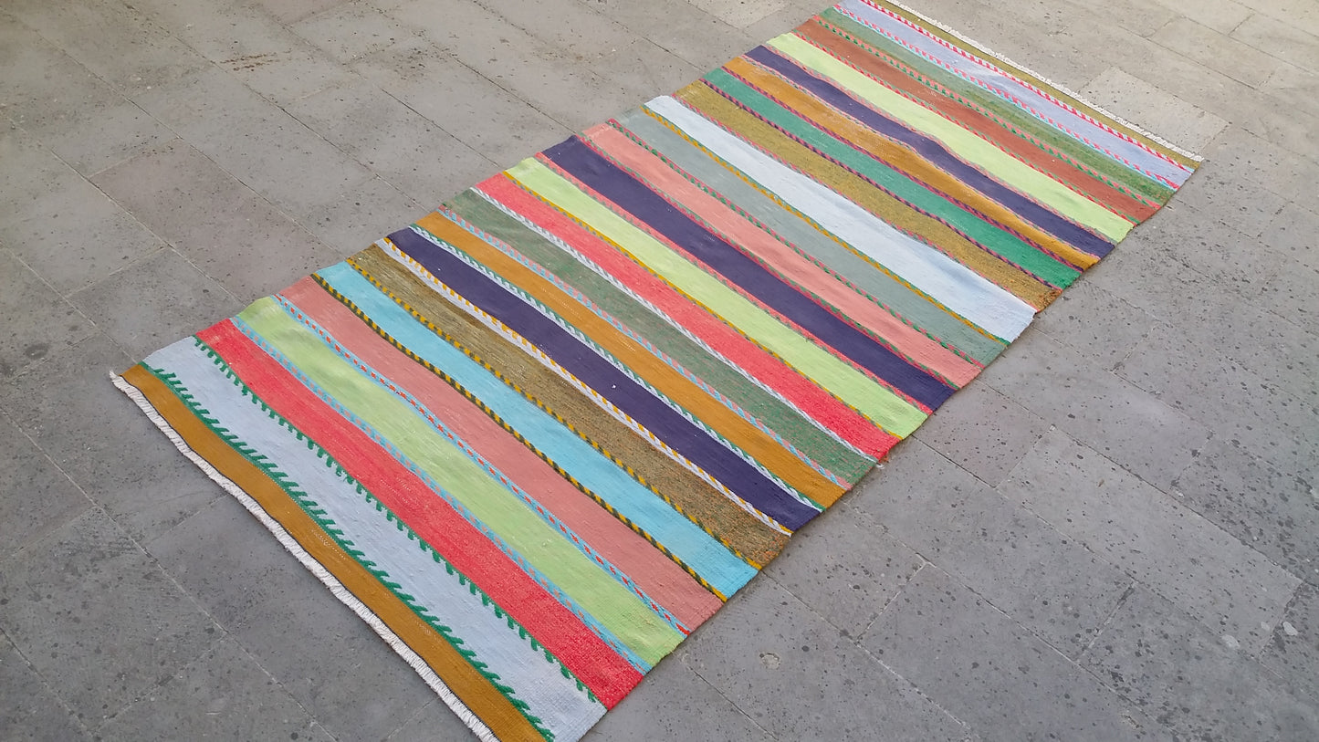 Colorful Striped Turkish Kilim Rug