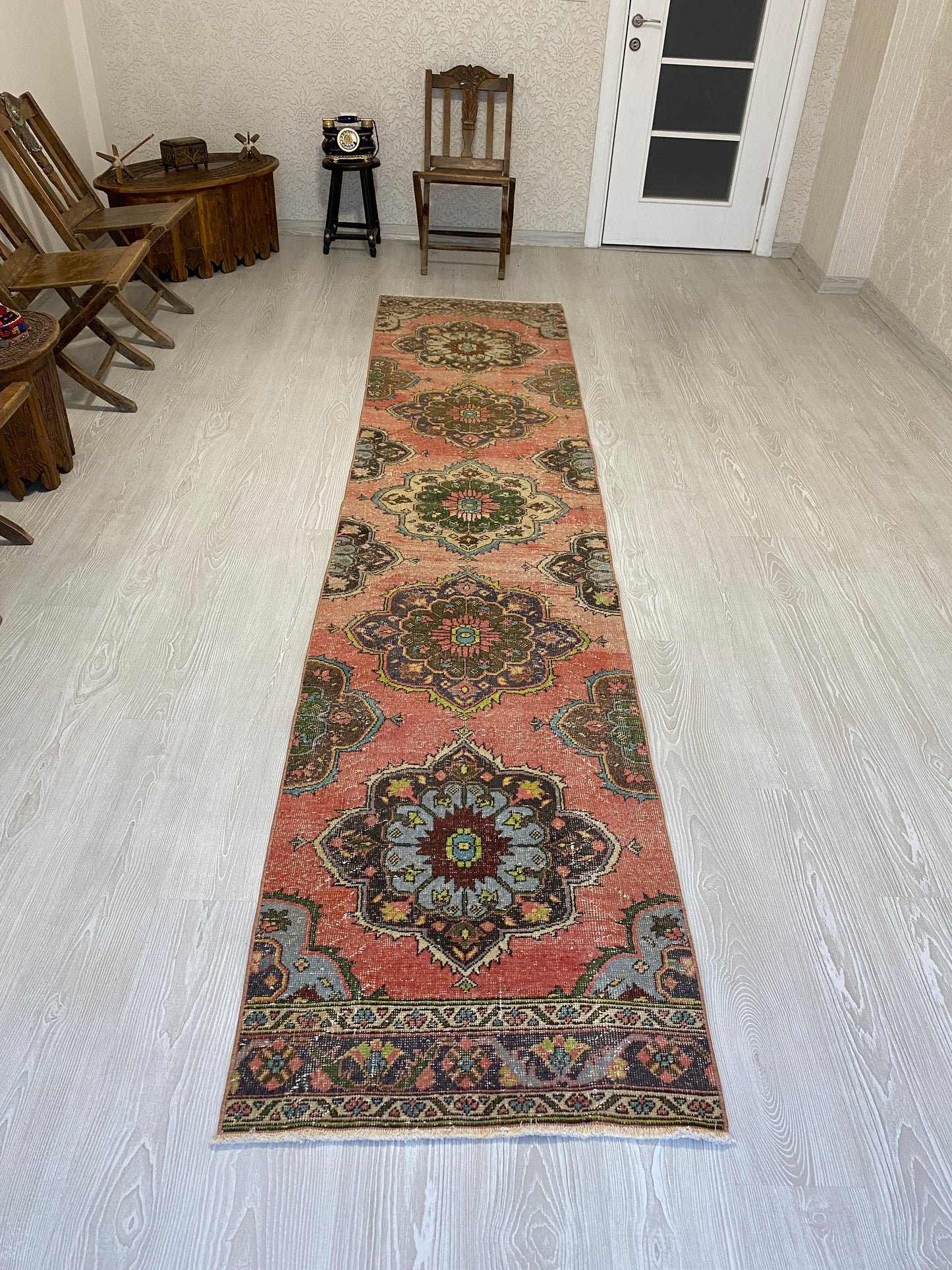 Long Vintage Turkish Oushak Hallway Runner Rug