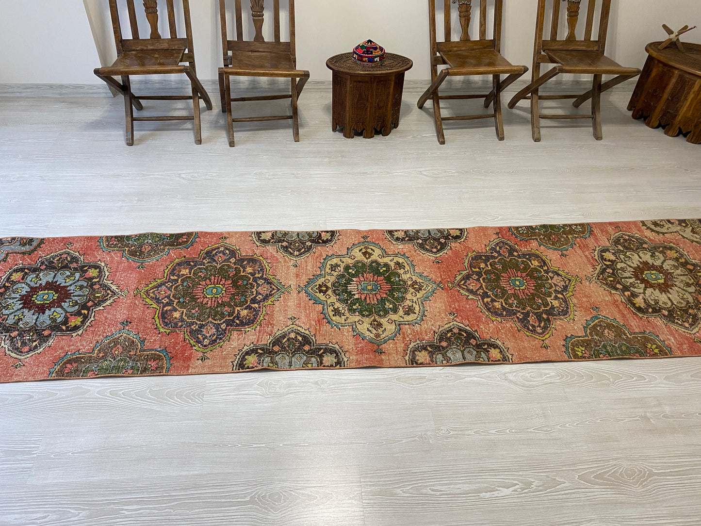 Long Vintage Turkish Oushak Hallway Runner Rug