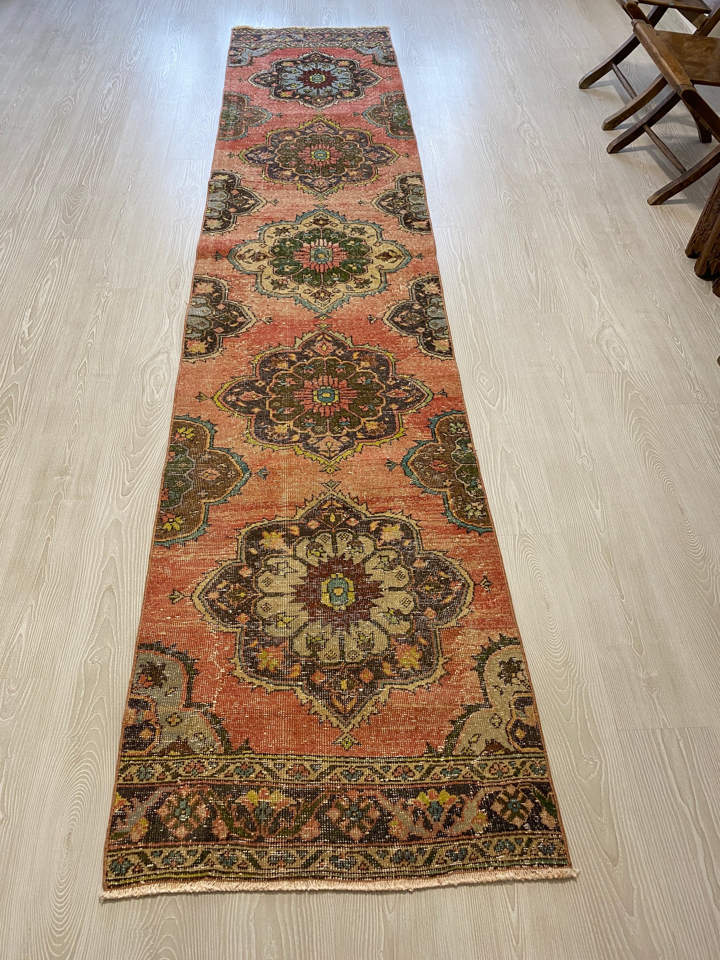 Long Vintage Turkish Oushak Hallway Runner Rug