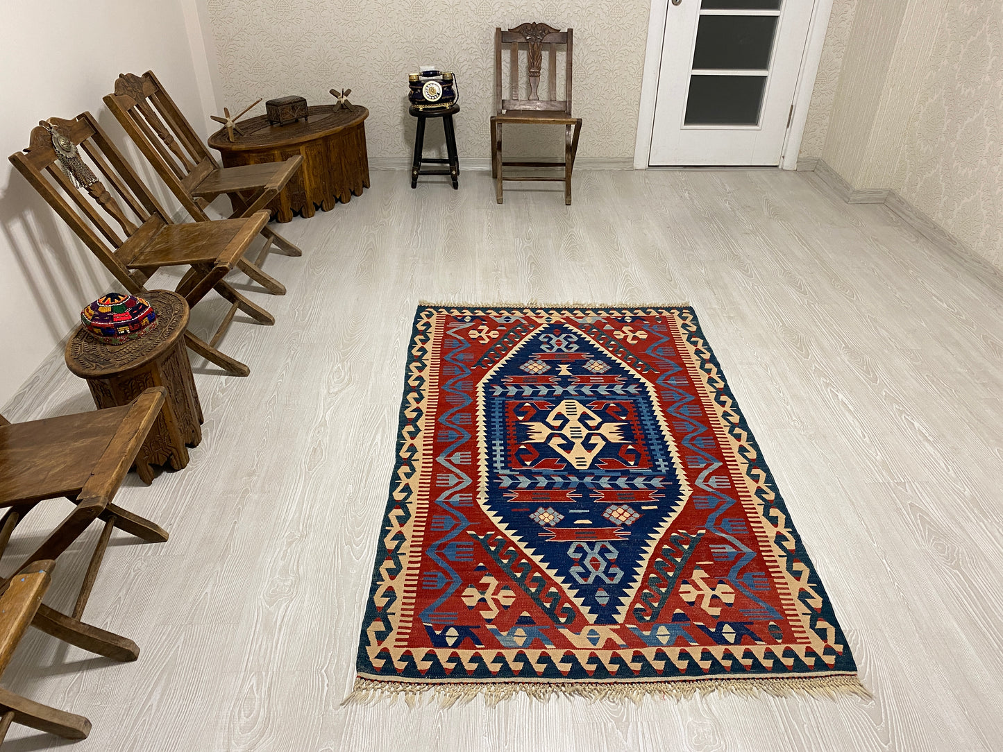 Vintage Very Fine Blue Konya Kilim