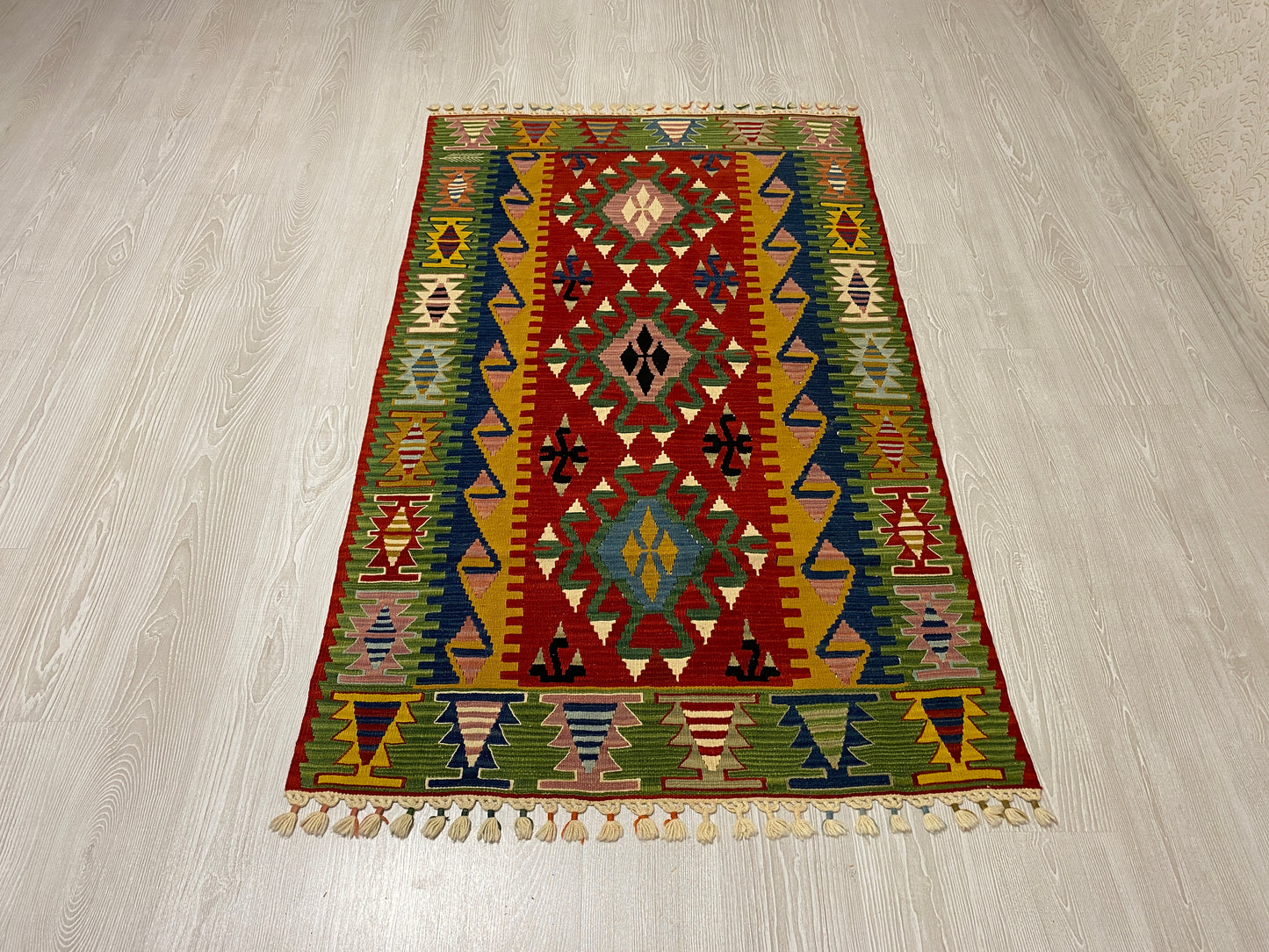 Green Handmade Wool New Turkish Kilim Rug