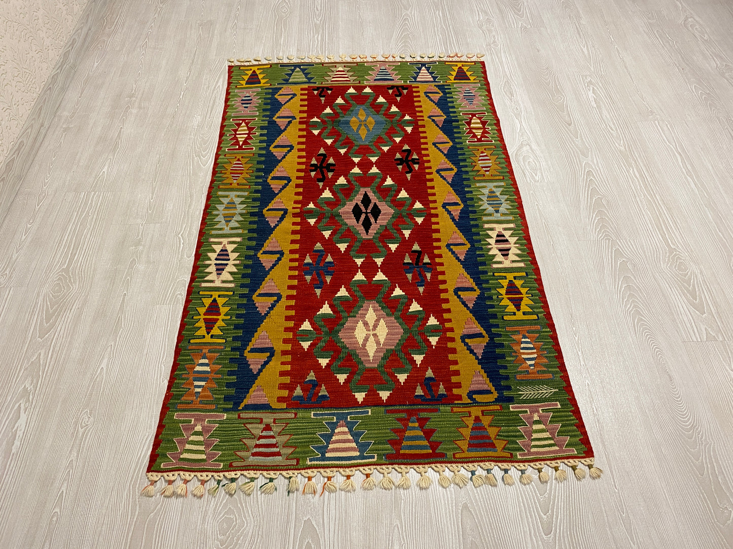 Green Handmade Wool New Turkish Kilim Rug