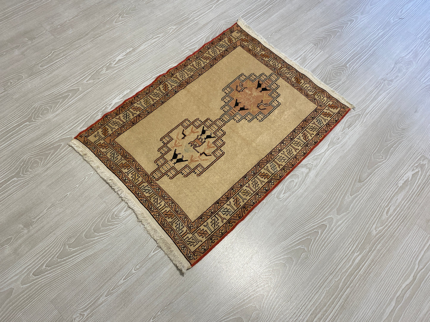 Pastel Color Small Silk Soumak Rug with Noah's Ark Design