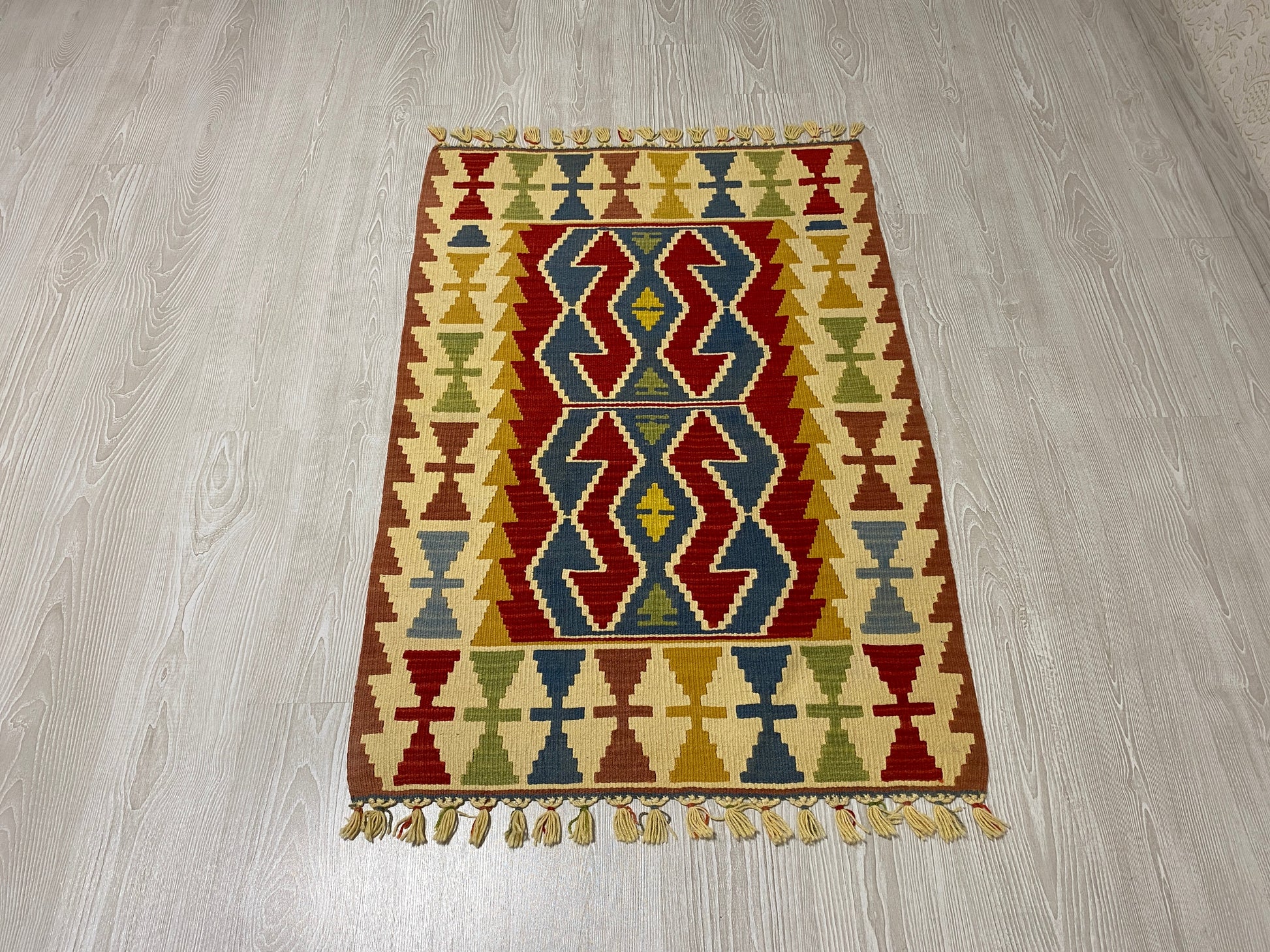 Blue Red Hands on Hips Design Kilim Rug - Kilim Art Gallery
