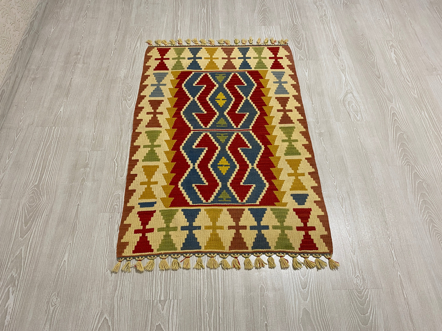 Blue Red Hands on Hips Design Kilim Rug - Kilim Art Gallery