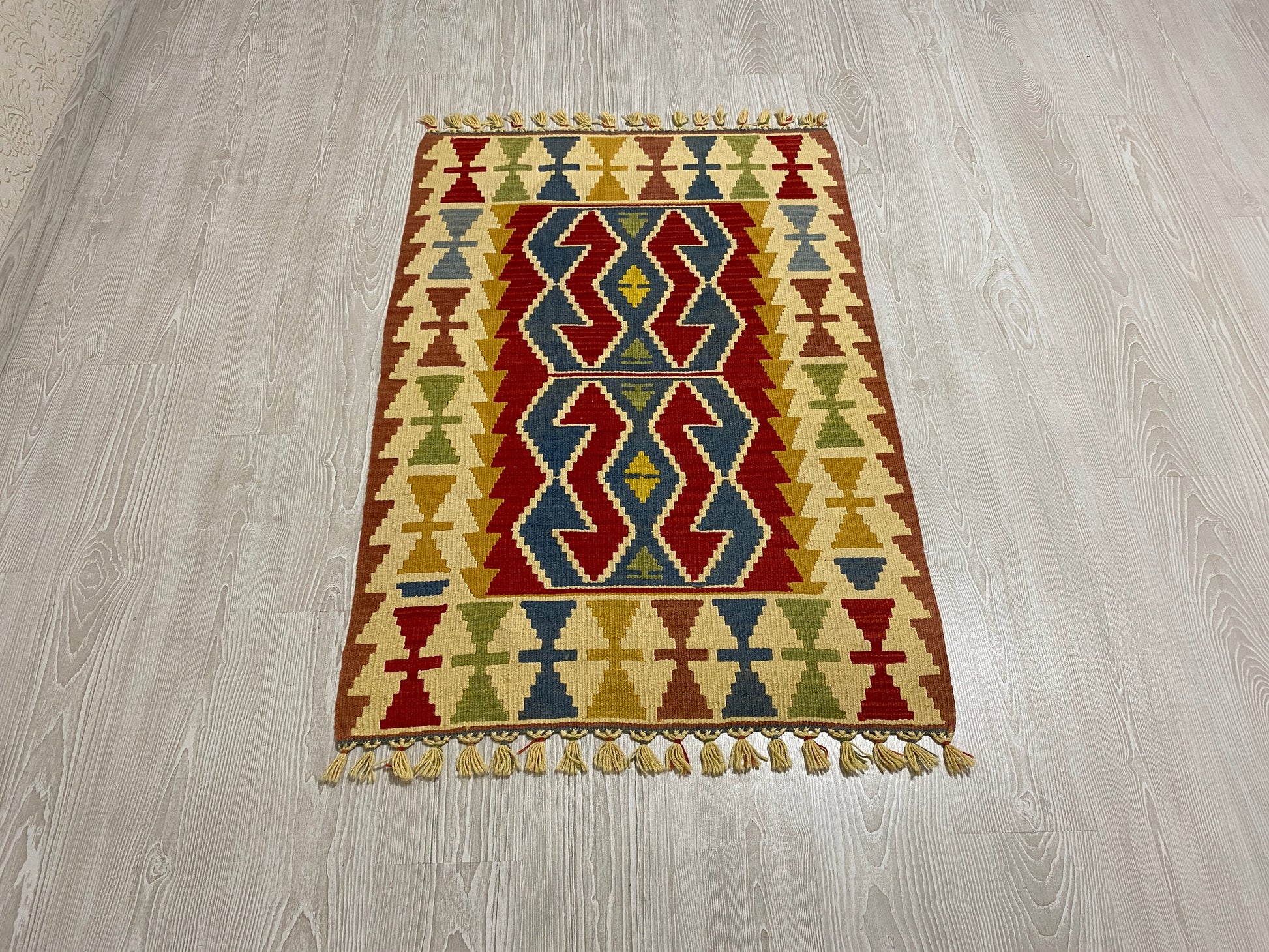 Blue Red Hands on Hips Design Kilim Rug - Kilim Art Gallery