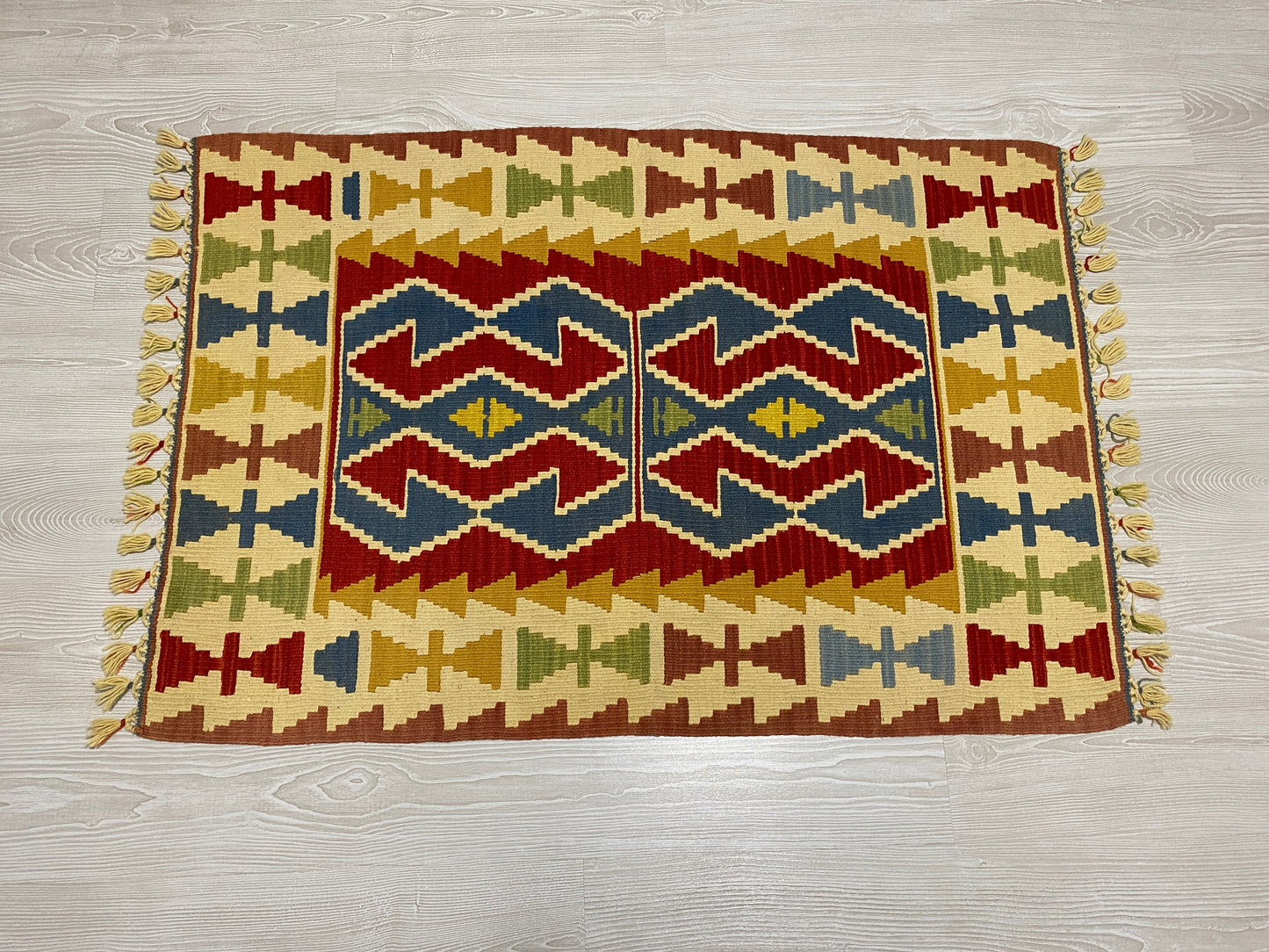 Blue Red Hands on Hips Design Kilim Rug - Kilim Art Gallery