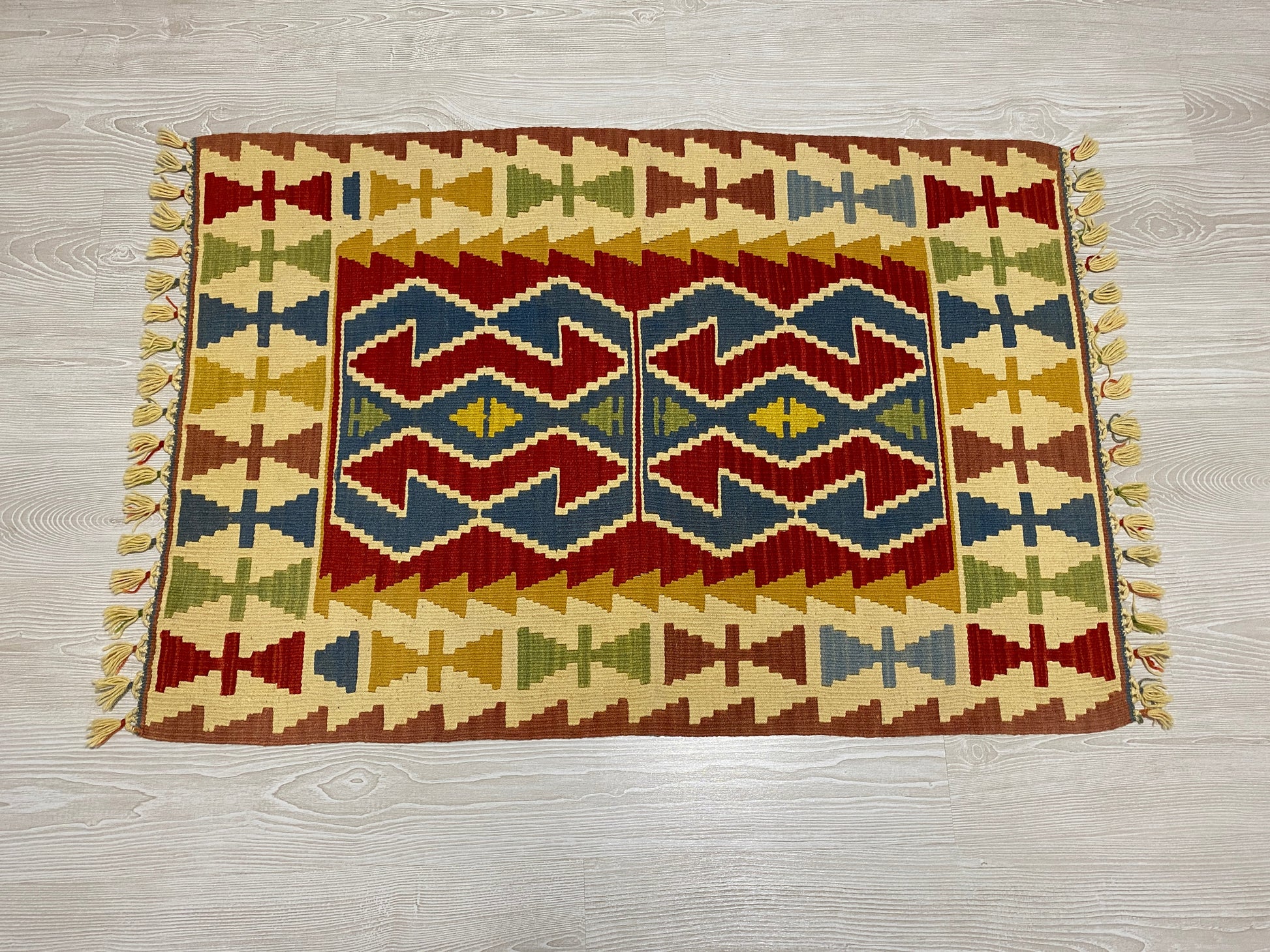 Blue Red Hands on Hips Design Kilim Rug - Kilim Art Gallery