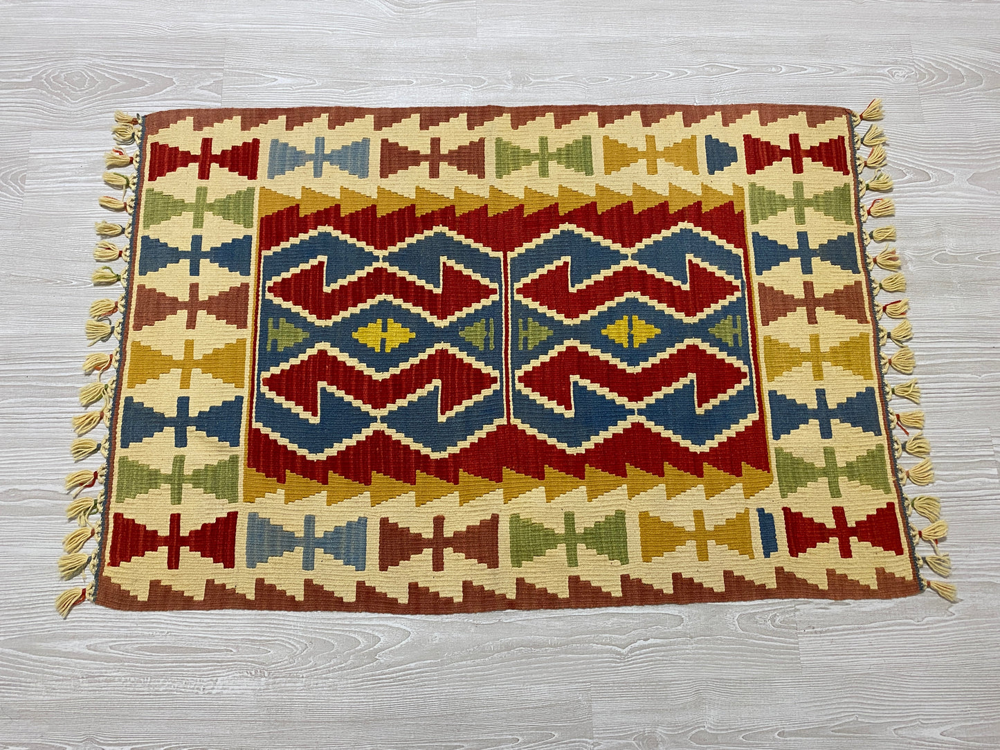 Blue Red Hands on Hips Design Kilim Rug - Kilim Art Gallery