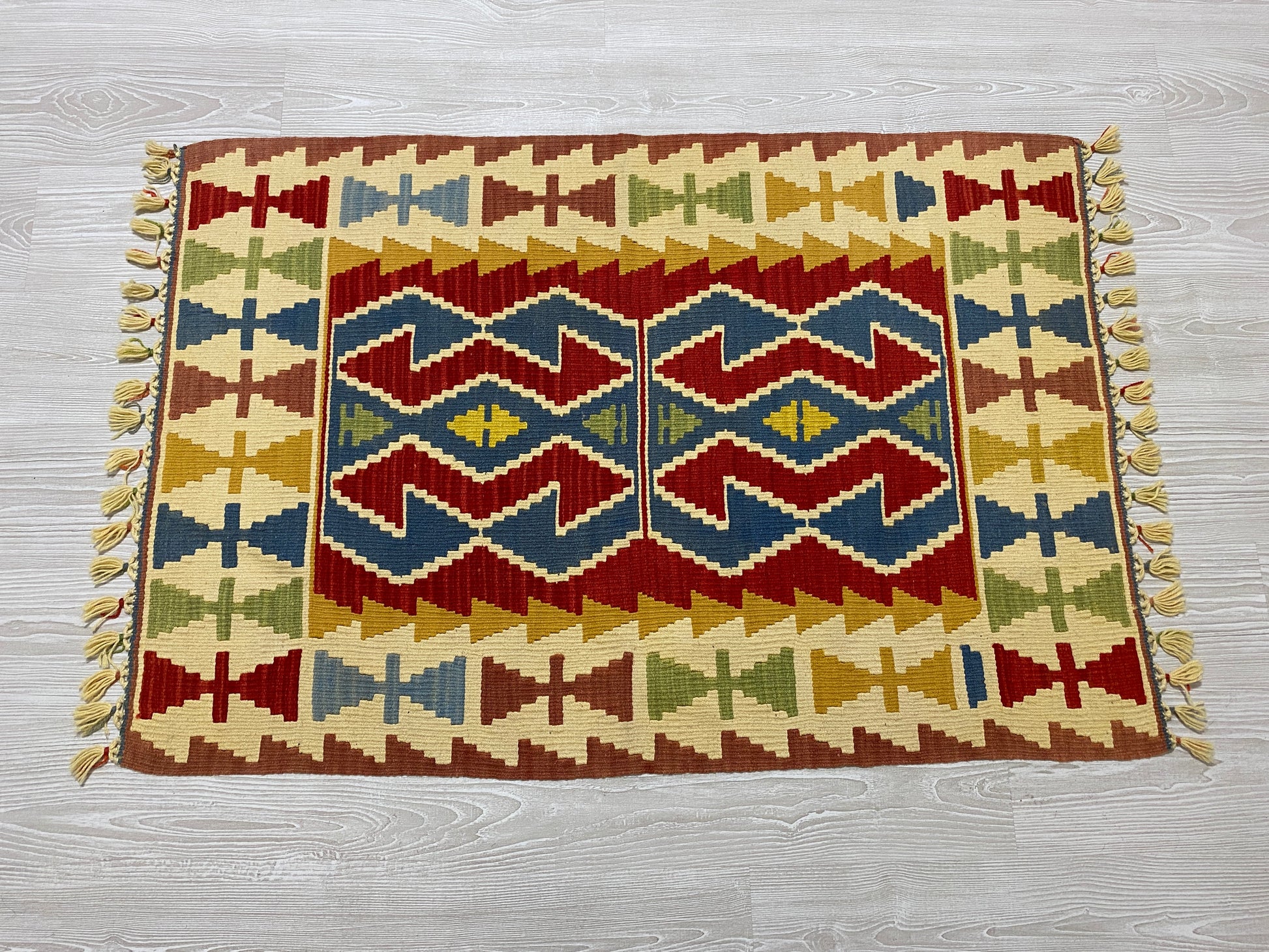 Blue Red Hands on Hips Design Kilim Rug - Kilim Art Gallery
