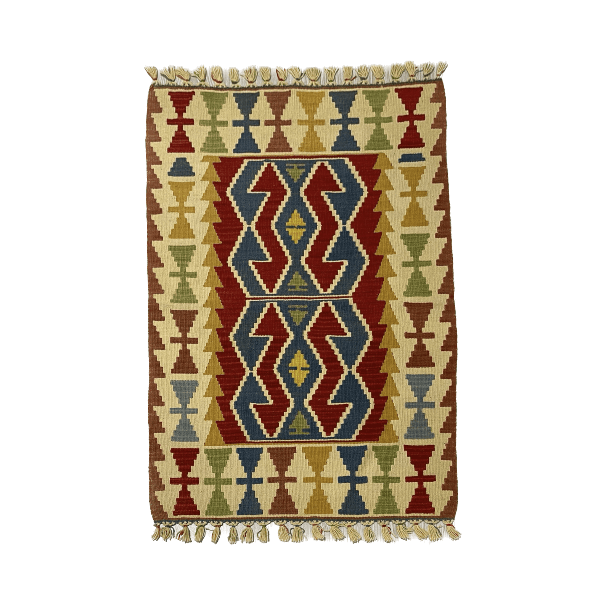 Blue Red Hands on Hips Design Kilim Rug - Kilim Art Gallery