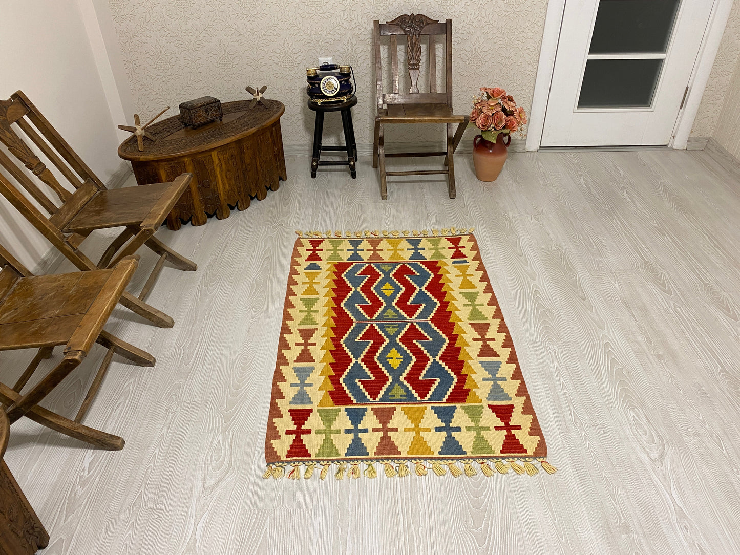 Blue Red Hands on Hips Design Kilim Rug - Kilim Art Gallery