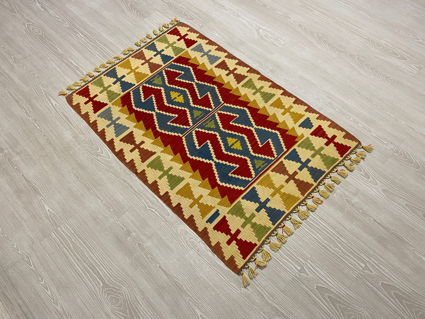 Blue Red Hands on Hips Design Kilim Rug - Kilim Art Gallery