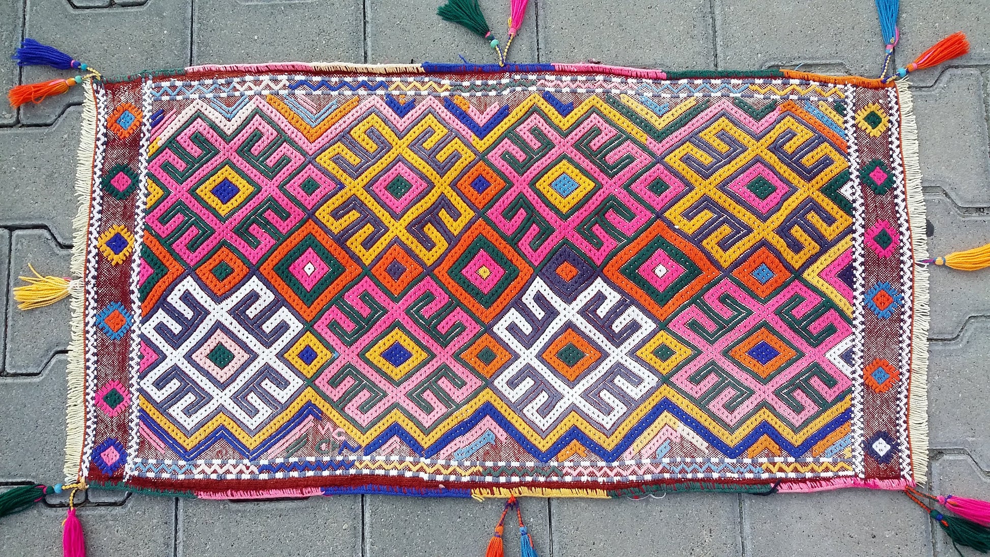 Colorful Pink Yellow Cicim/Jijim Kilim Yastik Rug - Kilim Art Gallery