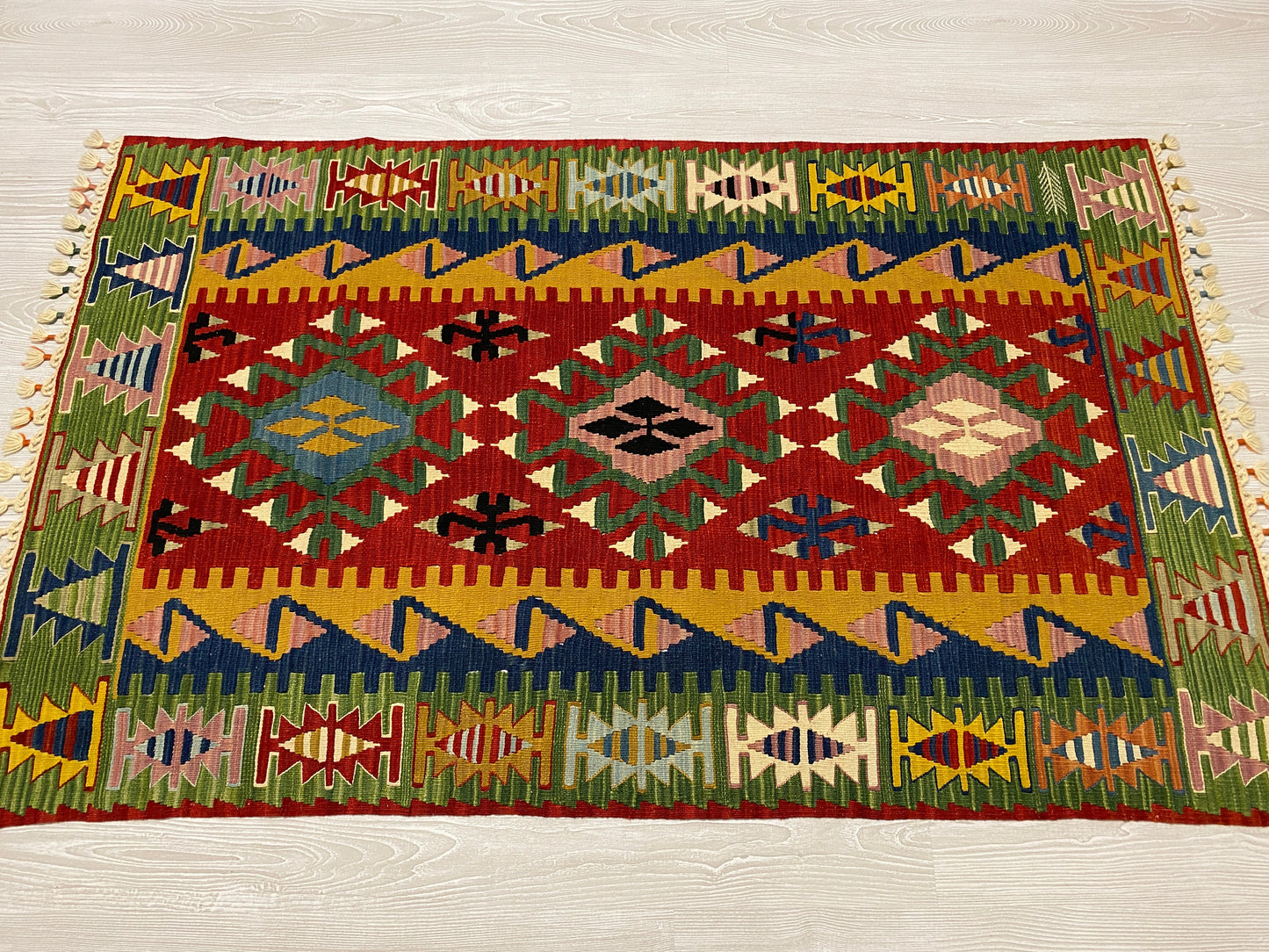 Green Handmade Wool New Turkish Kilim Rug - Kilim Art Gallery