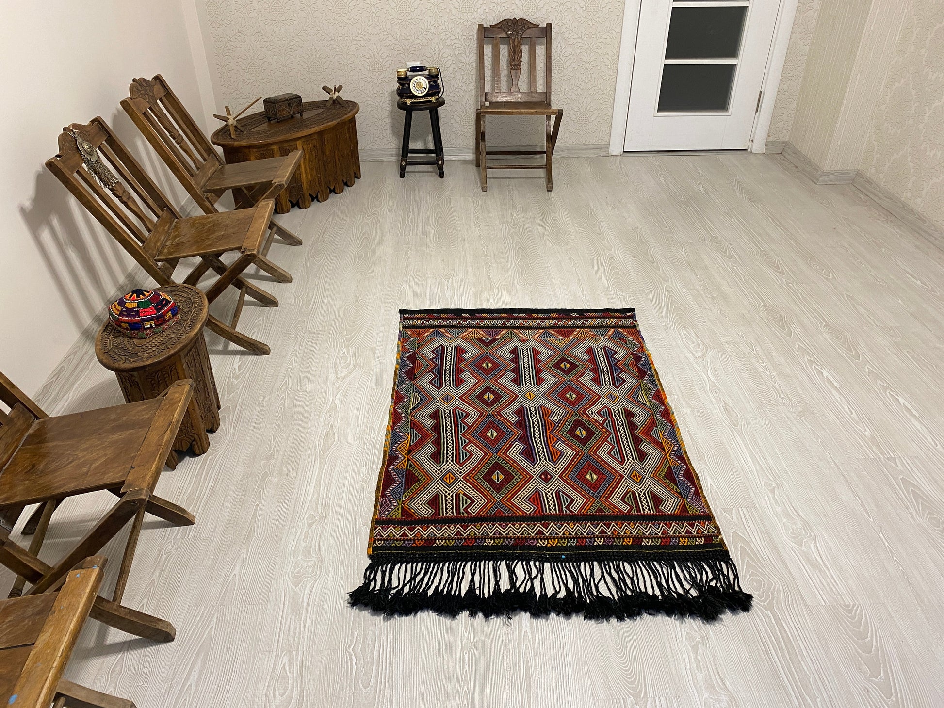 Nomadic Dazkiri Cicim Jijim with Ram's Horn Design - Kilim Art Gallery