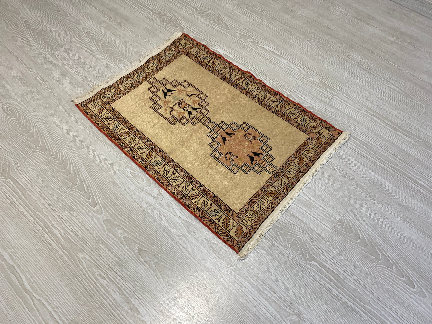 Pastel Color Small Silk Soumak Rug with Noah's Ark Design - Kilim Art Gallery