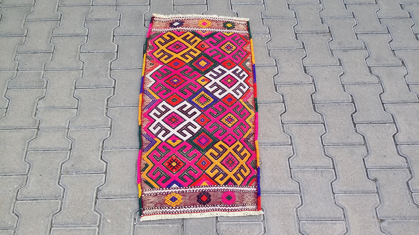 Pink Boho Small Turkish Nomadic Kilim Rug - Kilim Art Gallery
