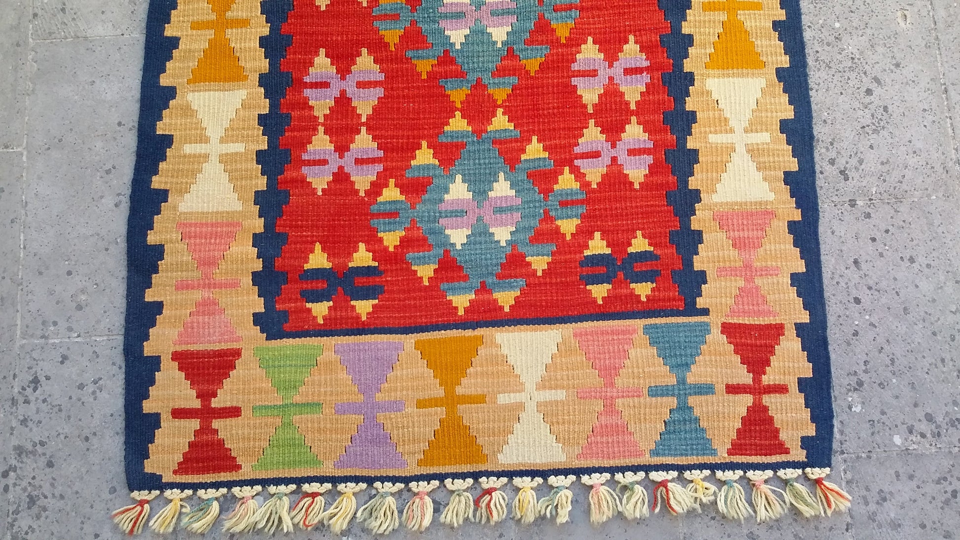 Red and Blue Turkish Kayseri Sariz Kilim Rug 3'x4' - Kilim Art Gallery