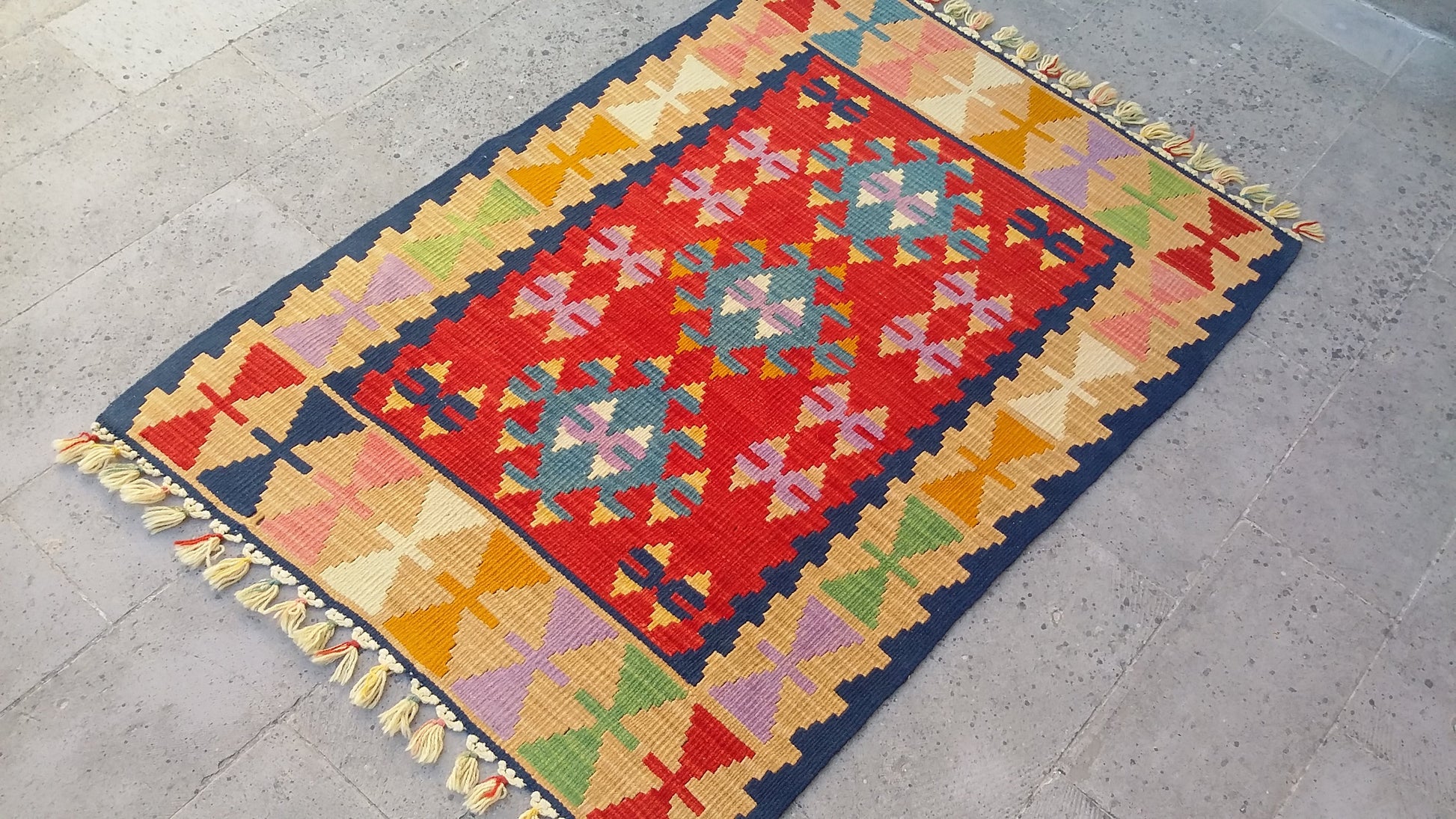 Red and Blue Turkish Kayseri Sariz Kilim Rug 3'x4' - Kilim Art Gallery