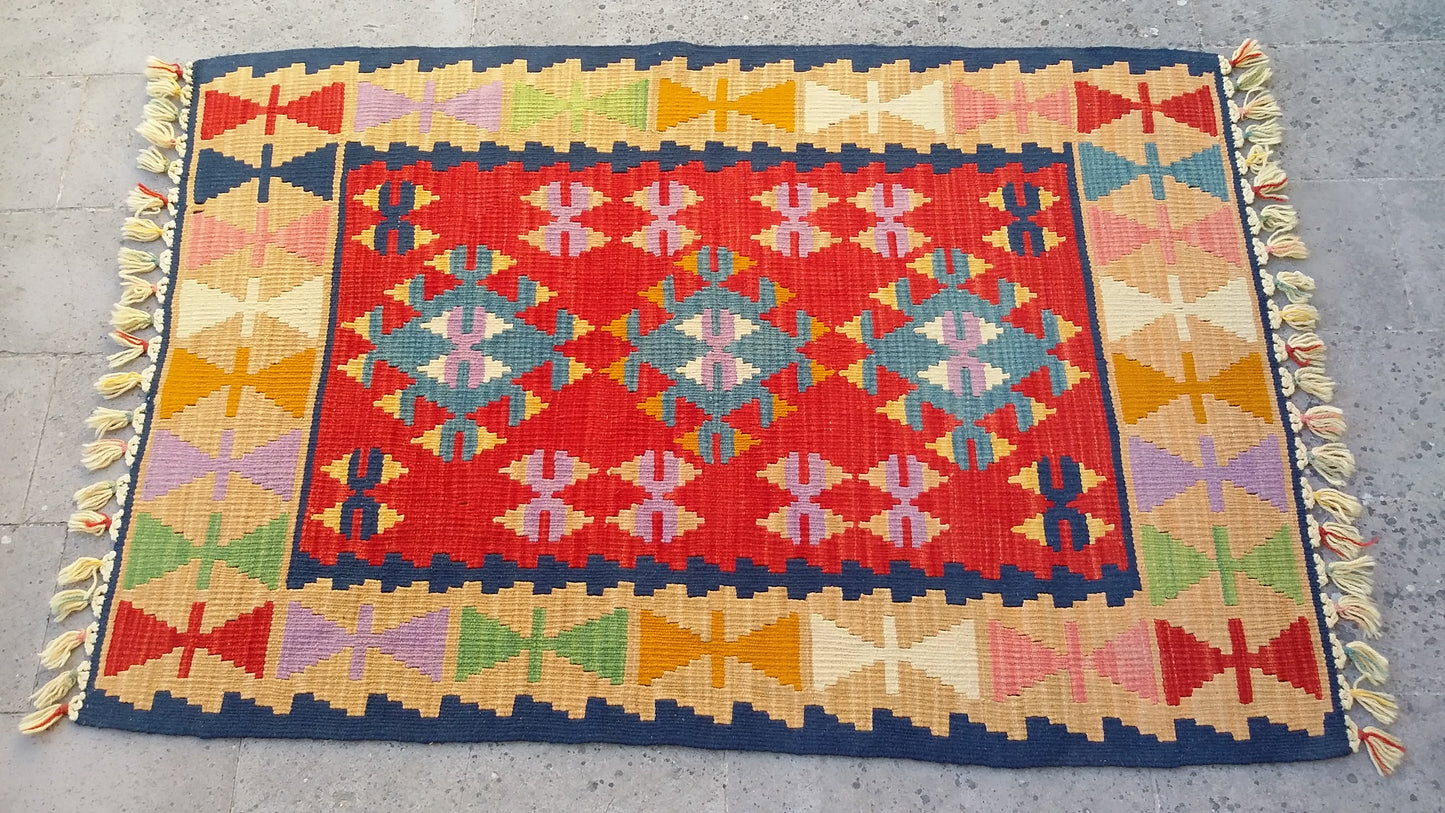 Red and Blue Turkish Kayseri Sariz Kilim Rug 3'x4' - Kilim Art Gallery