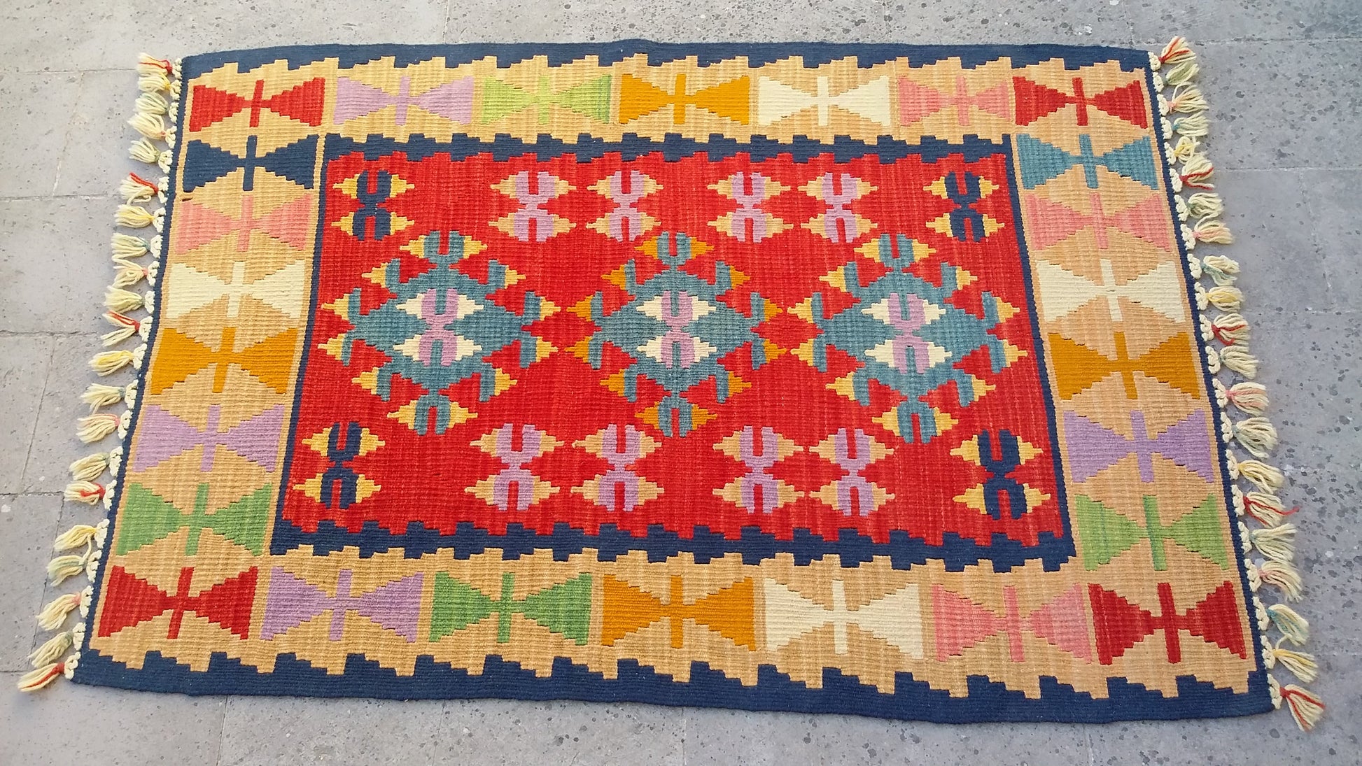 Red and Blue Turkish Kayseri Sariz Kilim Rug 3'x4' - Kilim Art Gallery