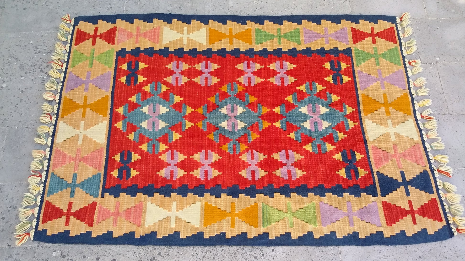 Red and Blue Turkish Kayseri Sariz Kilim Rug 3'x4' - Kilim Art Gallery