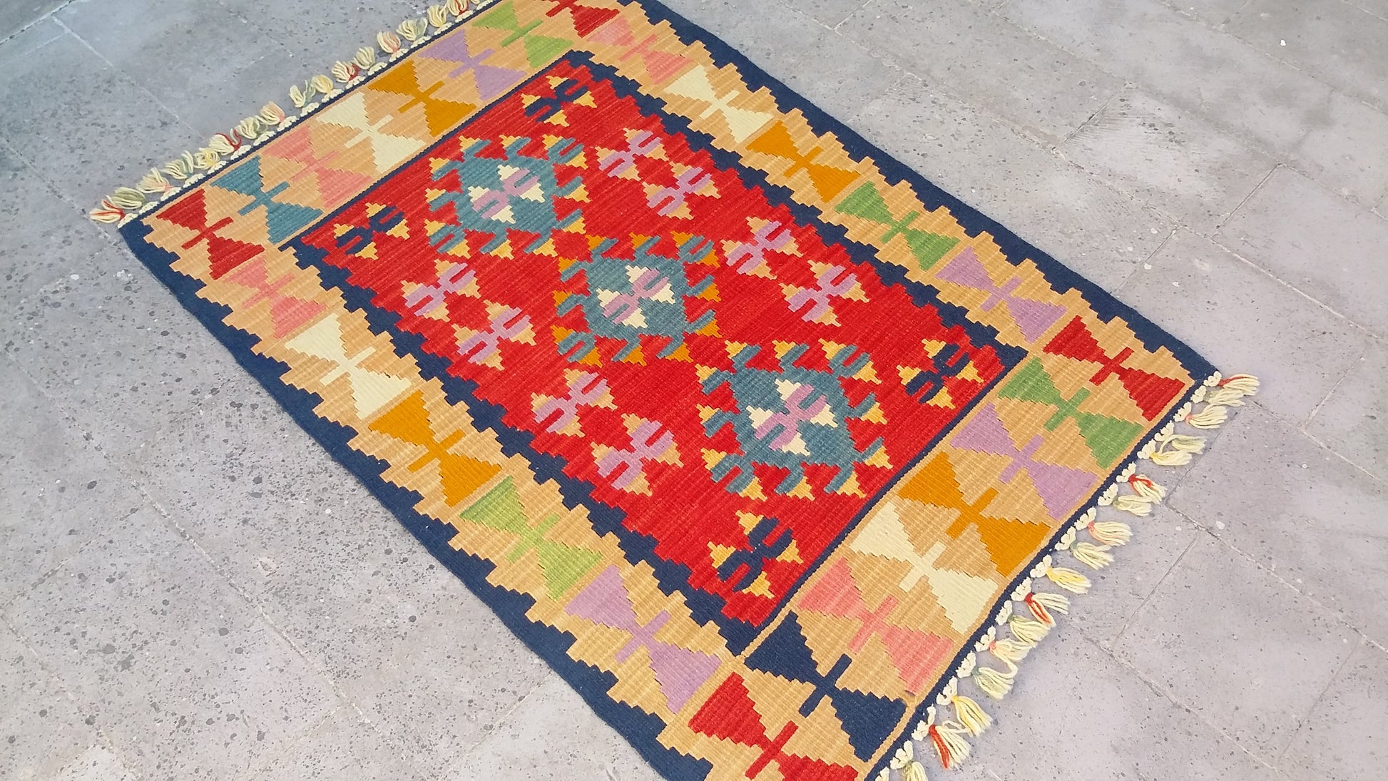 Red and Blue Turkish Kayseri Sariz Kilim Rug 3'x4' - Kilim Art Gallery