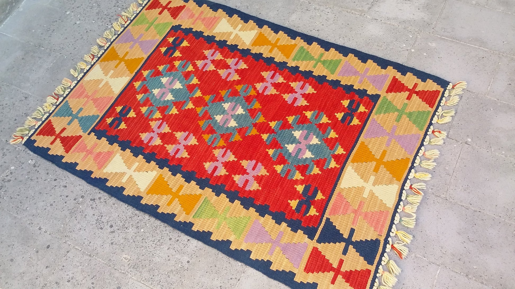 Red and Blue Turkish Kayseri Sariz Kilim Rug 3'x4' - Kilim Art Gallery