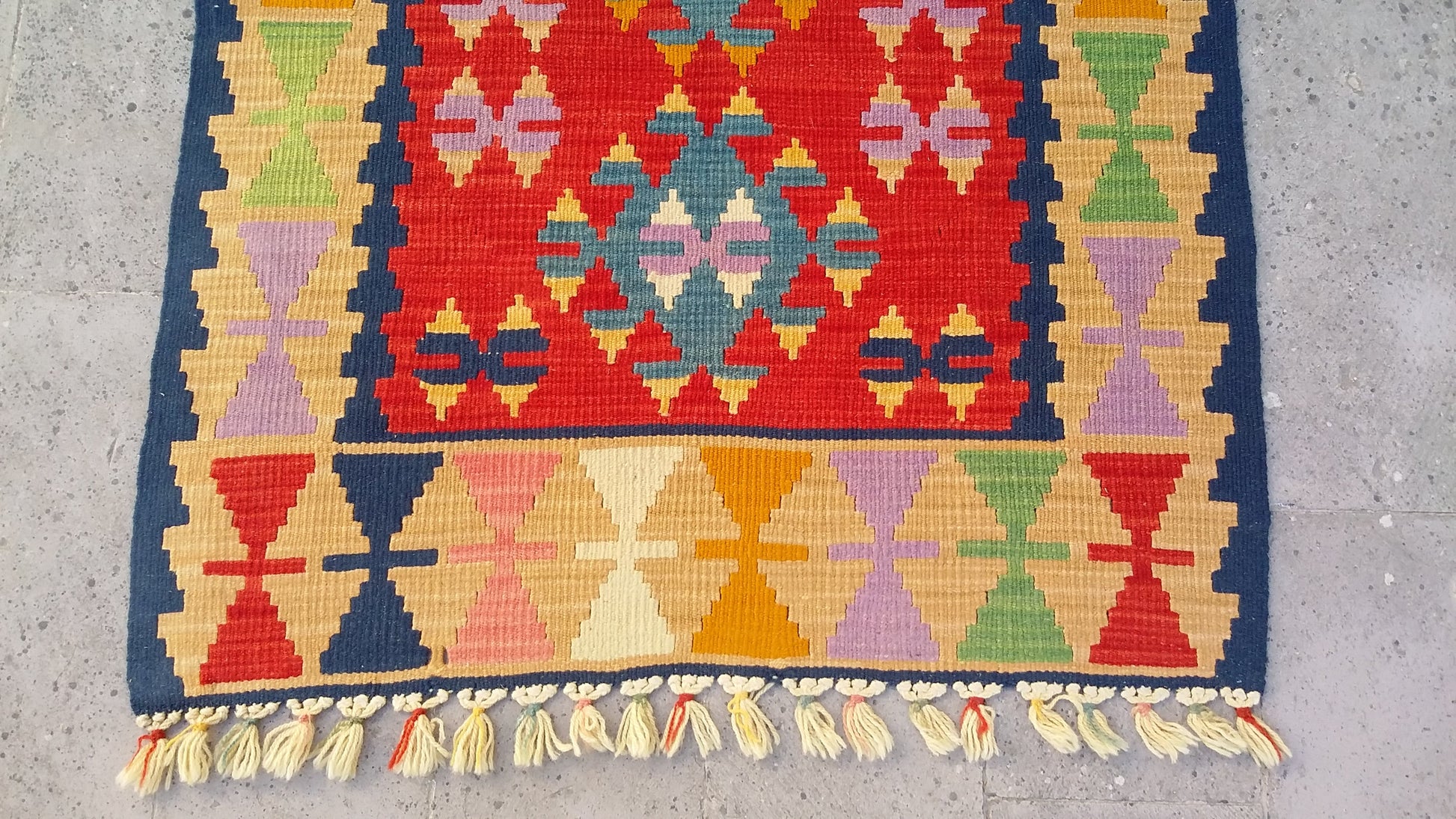 Red and Blue Turkish Kayseri Sariz Kilim Rug 3'x4' - Kilim Art Gallery