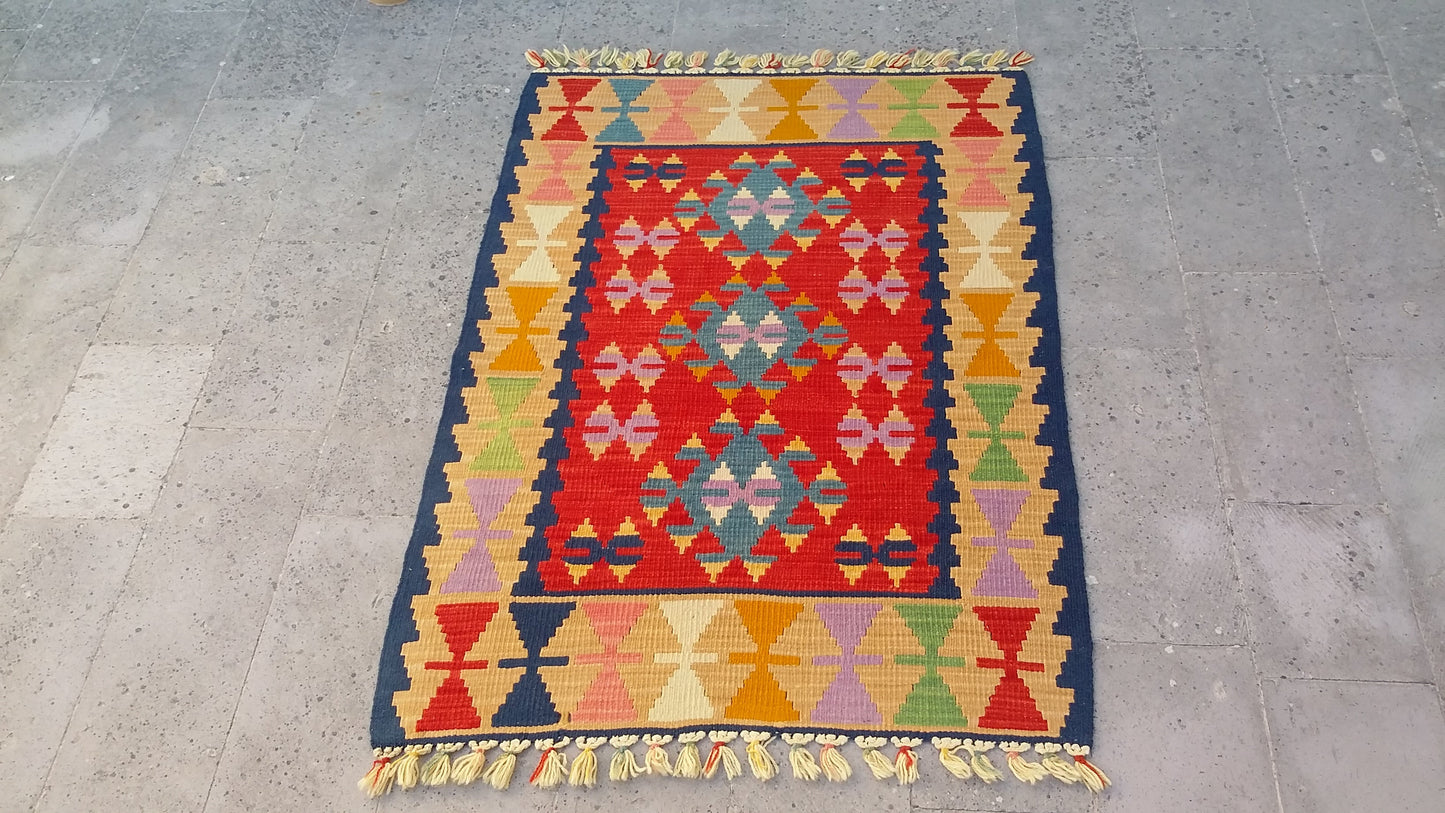 Red and Blue Turkish Kayseri Sariz Kilim Rug 3'x4' - Kilim Art Gallery