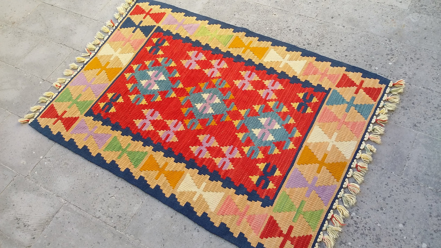 Red and Blue Turkish Kayseri Sariz Kilim Rug 3'x4' - Kilim Art Gallery