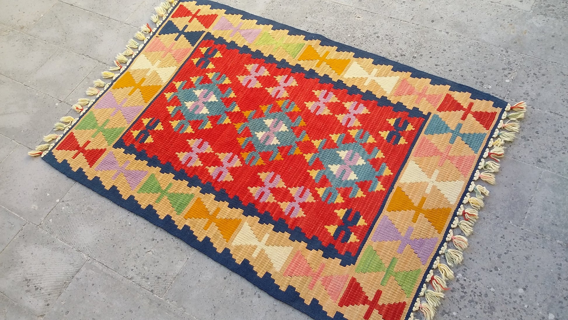 Red and Blue Turkish Kayseri Sariz Kilim Rug 3'x4' - Kilim Art Gallery