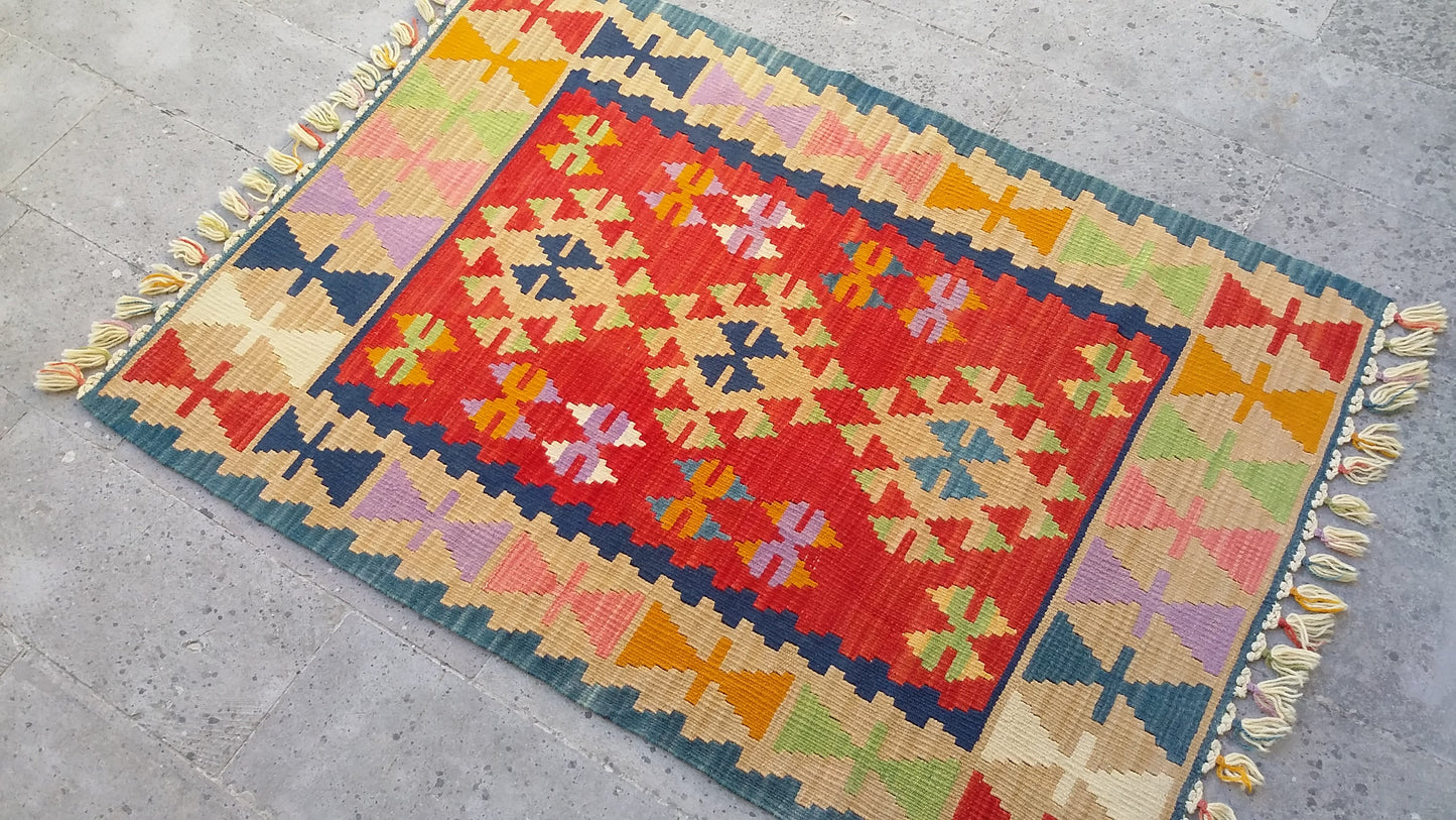 Red Color Handmade Turkish Kayseri Gomurgen Kilim - Kilim Art Gallery