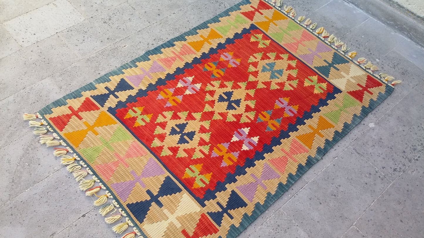 Red Color Handmade Turkish Kayseri Gomurgen Kilim - Kilim Art Gallery