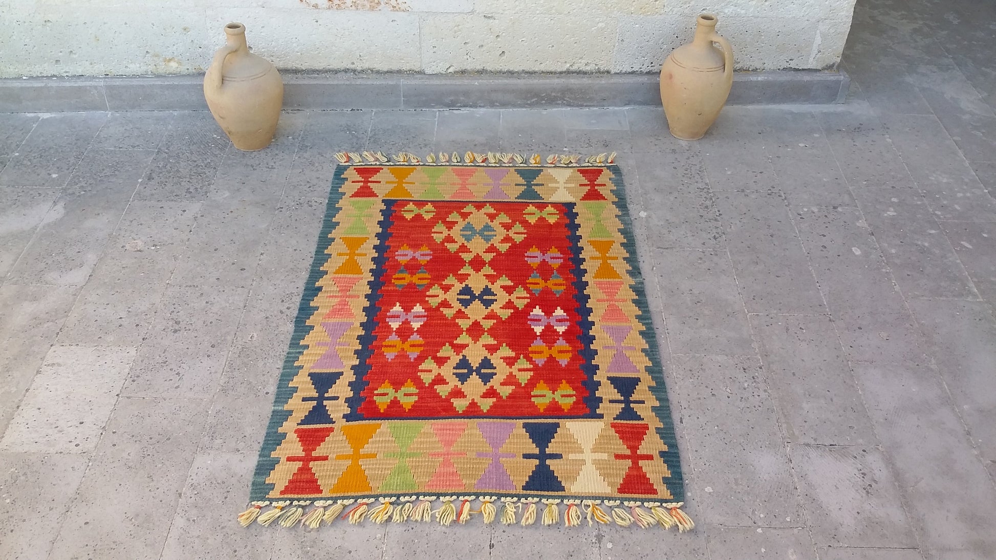 Red Color Handmade Turkish Kayseri Gomurgen Kilim - Kilim Art Gallery