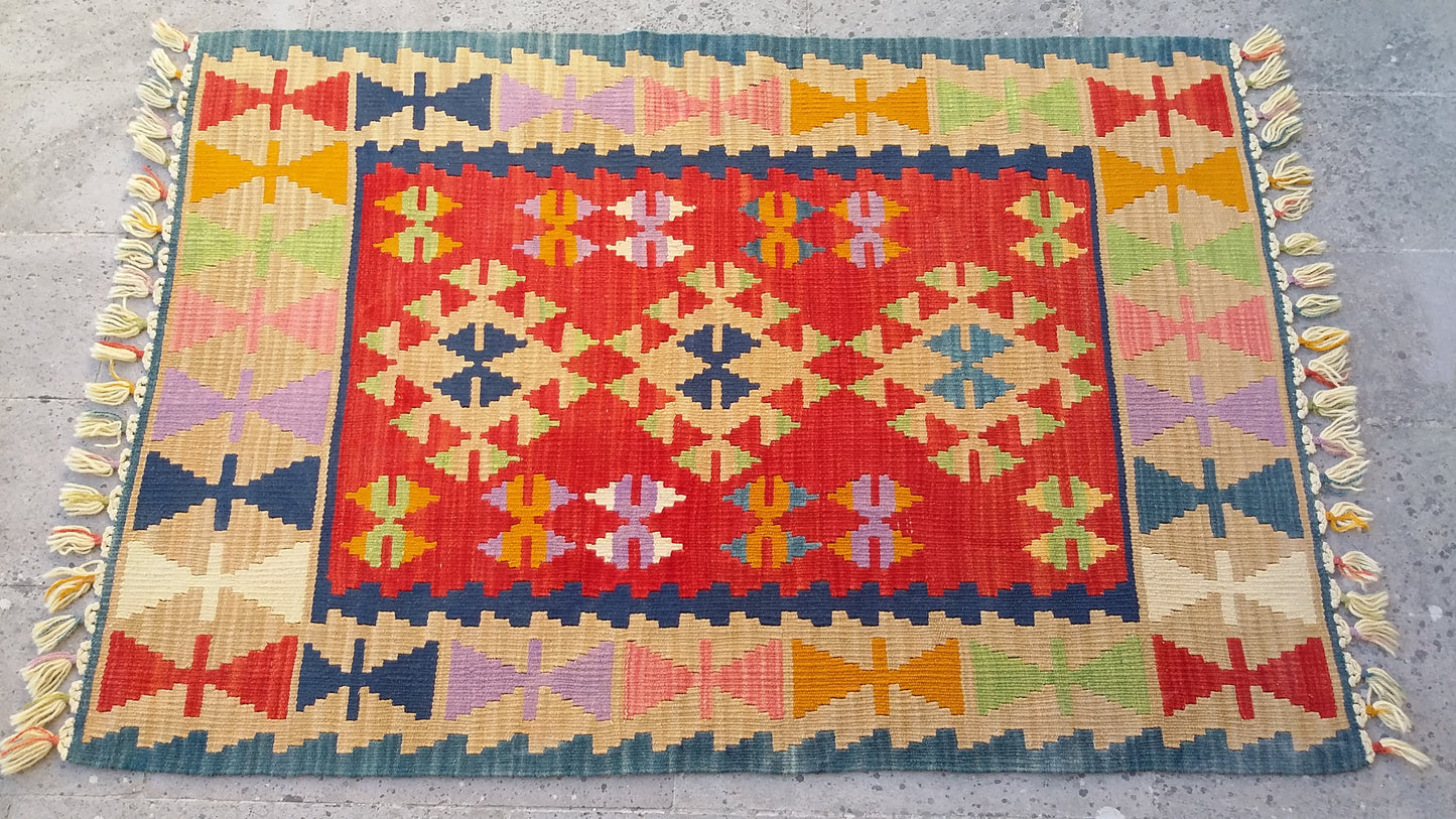 Red Color Handmade Turkish Kayseri Gomurgen Kilim - Kilim Art Gallery