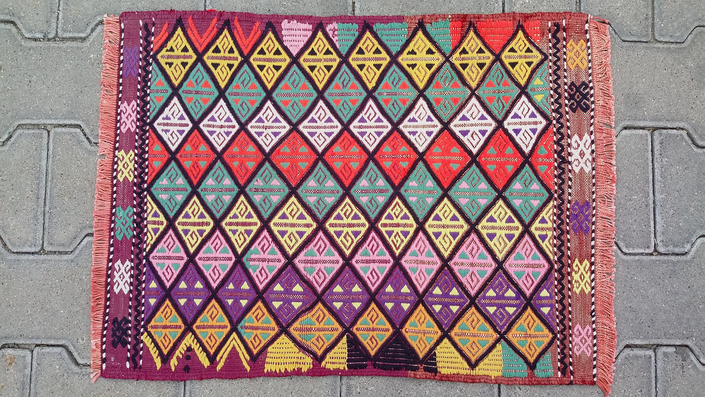 Small Colorful Boho Cicim Kilim Rug - Kilim Art Gallery