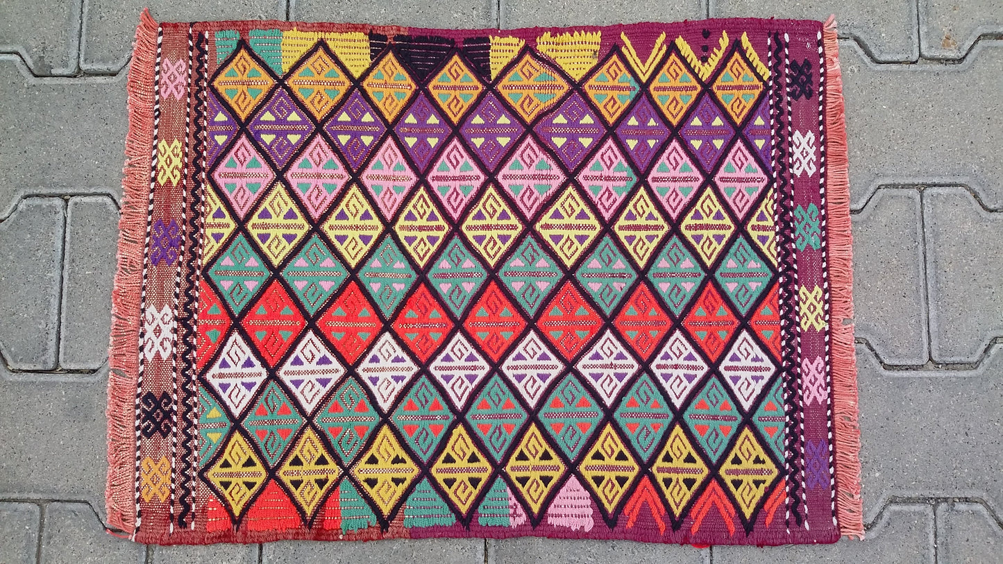 Small Colorful Boho Cicim Kilim Rug - Kilim Art Gallery