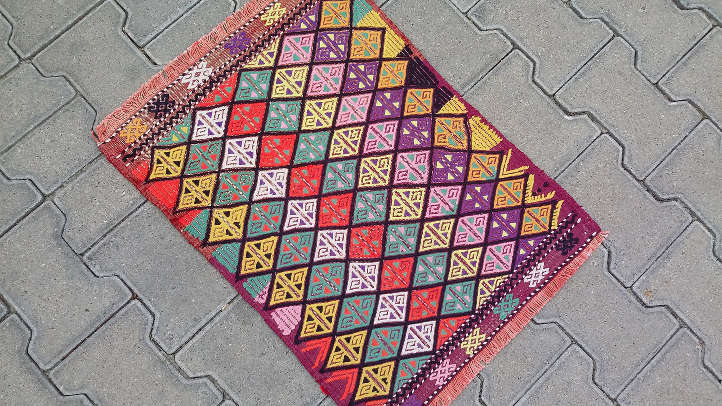 Small Colorful Boho Cicim Kilim Rug - Kilim Art Gallery